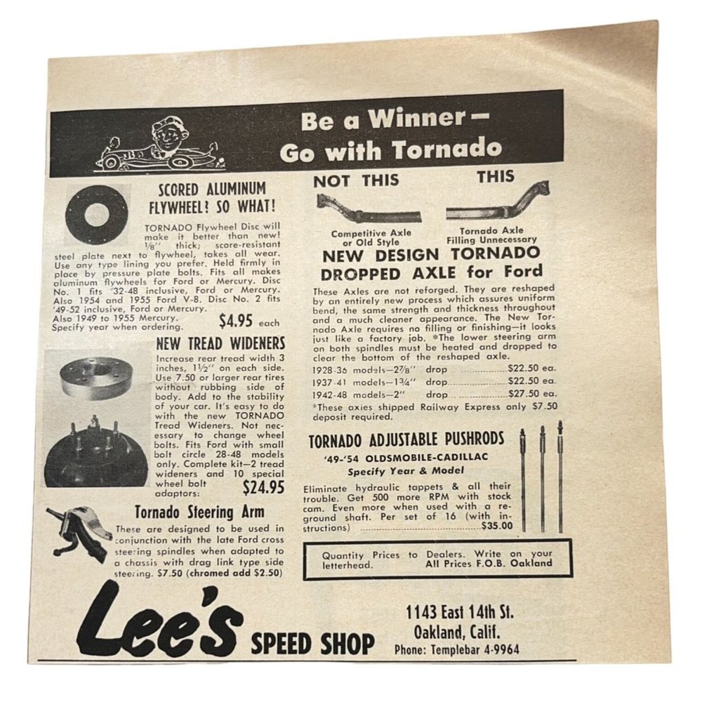 Lee's Speed Shop 50s Vintage Print Ad Hot Rod Auto Parts Oakland CA Tornado